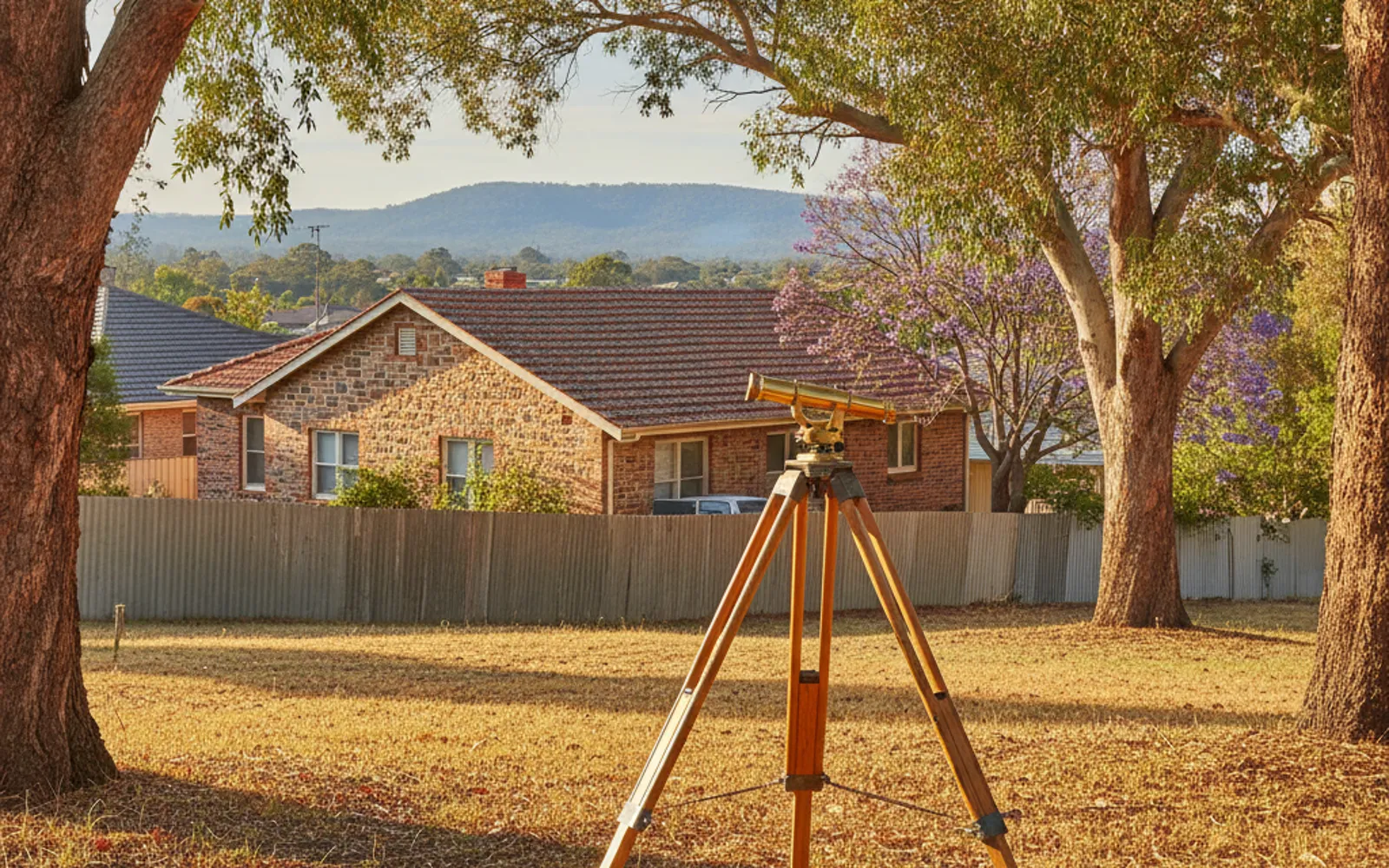 Survey instrument on a tripod in a backyard in front of a stone Adelaide house