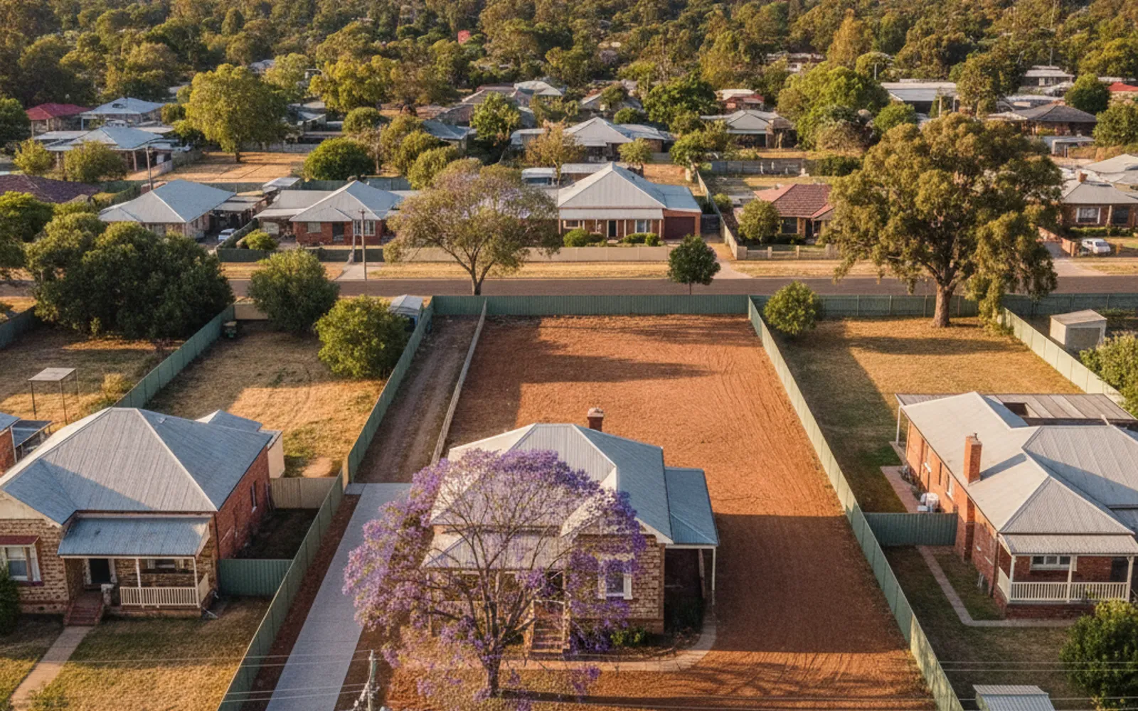 Aerial view of a long narrow allotment between older houses with a jacaranda in bloom
