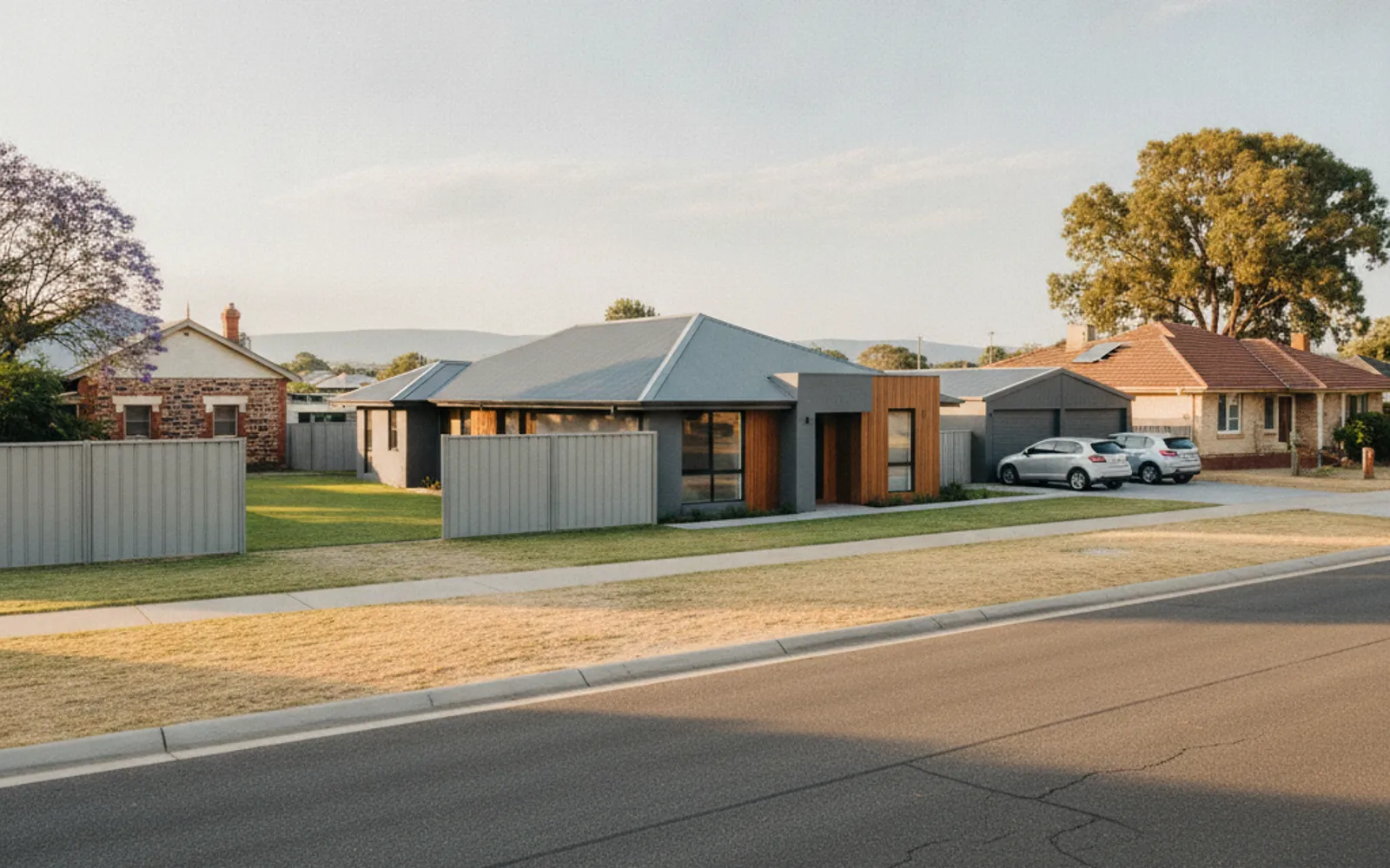 Modern single-storey house on an Adelaide street with Colorbond side fences