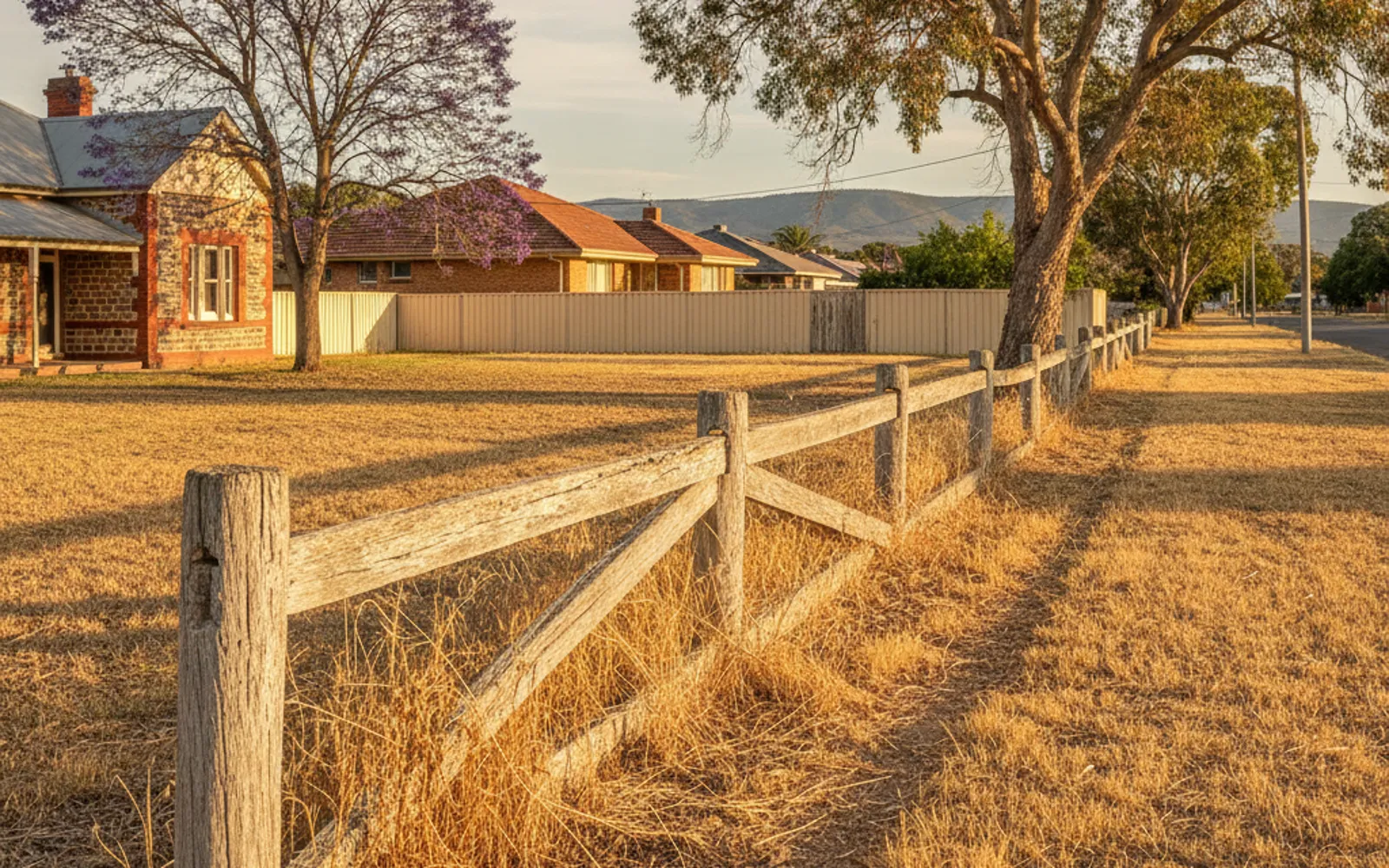Weathered timber post and rail fence beside a street with a stone villa behind it
