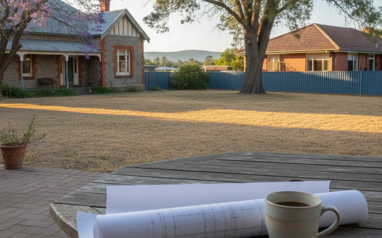 Rolled house plans and a coffee mug on a timber table in a backyard