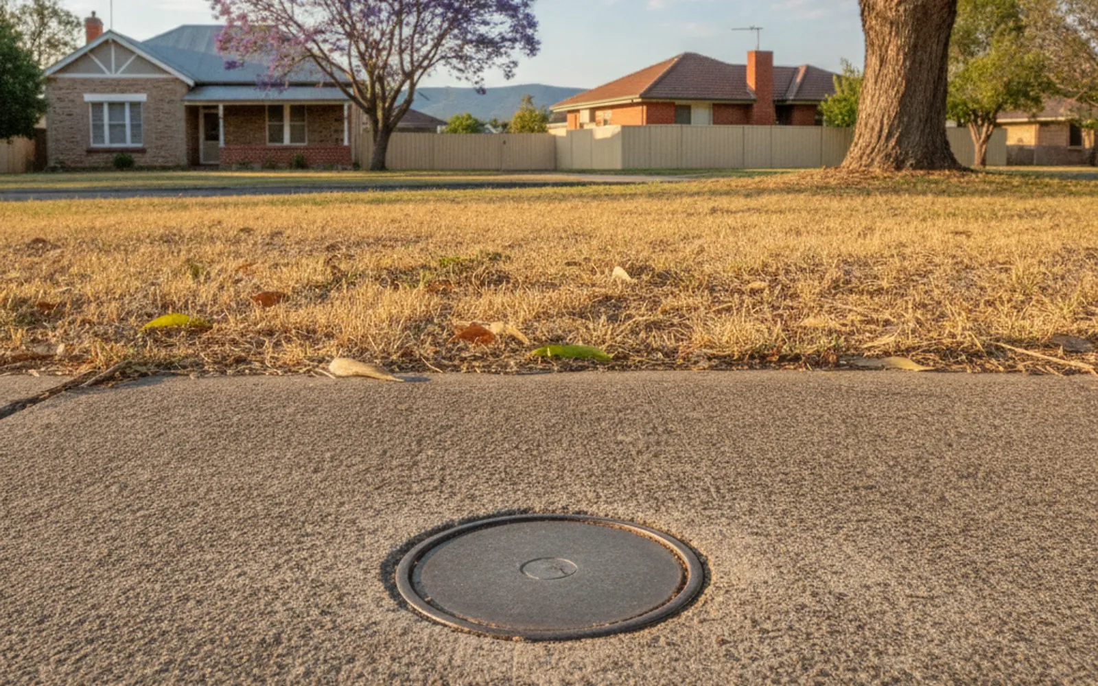 Round metal survey mark cover set into a footpath